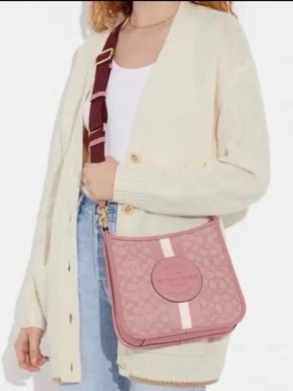 Coach Dempsey File Bag Pink Patterned Crossbody Bag with Burgundy Strap